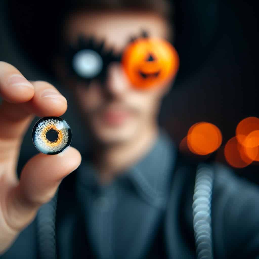 A Person Holding A Halloween-Themed Contact Lens, With An Out-Of-Focus Pumpkin Mask On One Eye.