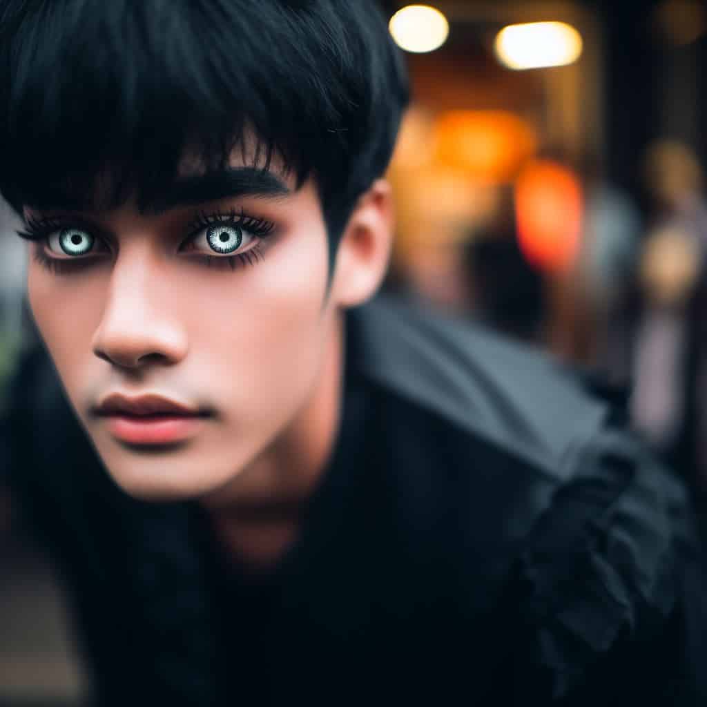 Close-Up Of A Person With Striking Blue Eyes And Dark Hair Against A Blurred Urban Background.